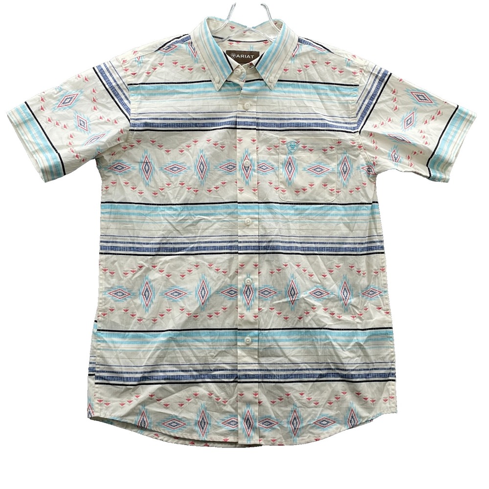 Ariat Western Button Up Shirt Men's Large Blue Aztec Cowboy Rodeo Rancher Preppy